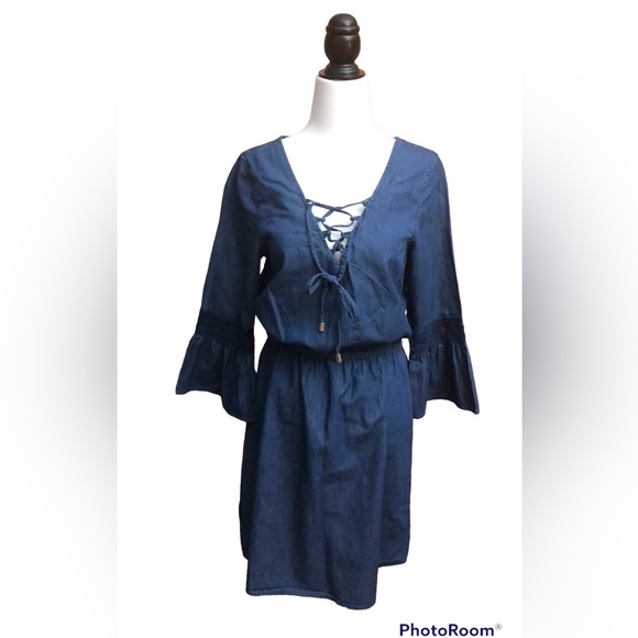 DEX denim jean dress crochet Bohemian romantic feminine gypsy small hippie - Picture 15 of 15